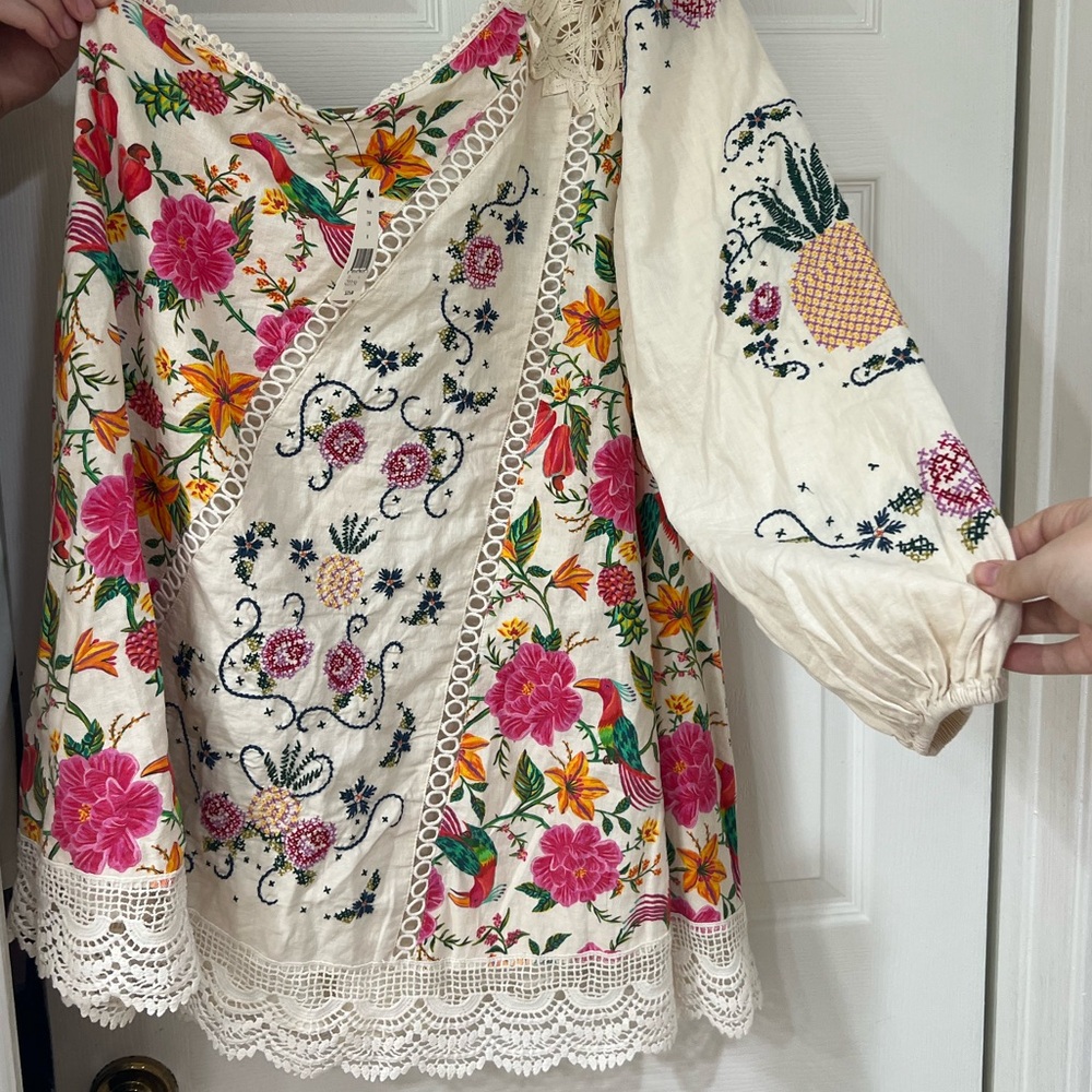 NWT Farm Rio Toucan's Garden Floral Embroidery One-Shoulder Linen Blend Dress - Picture 8 of 14